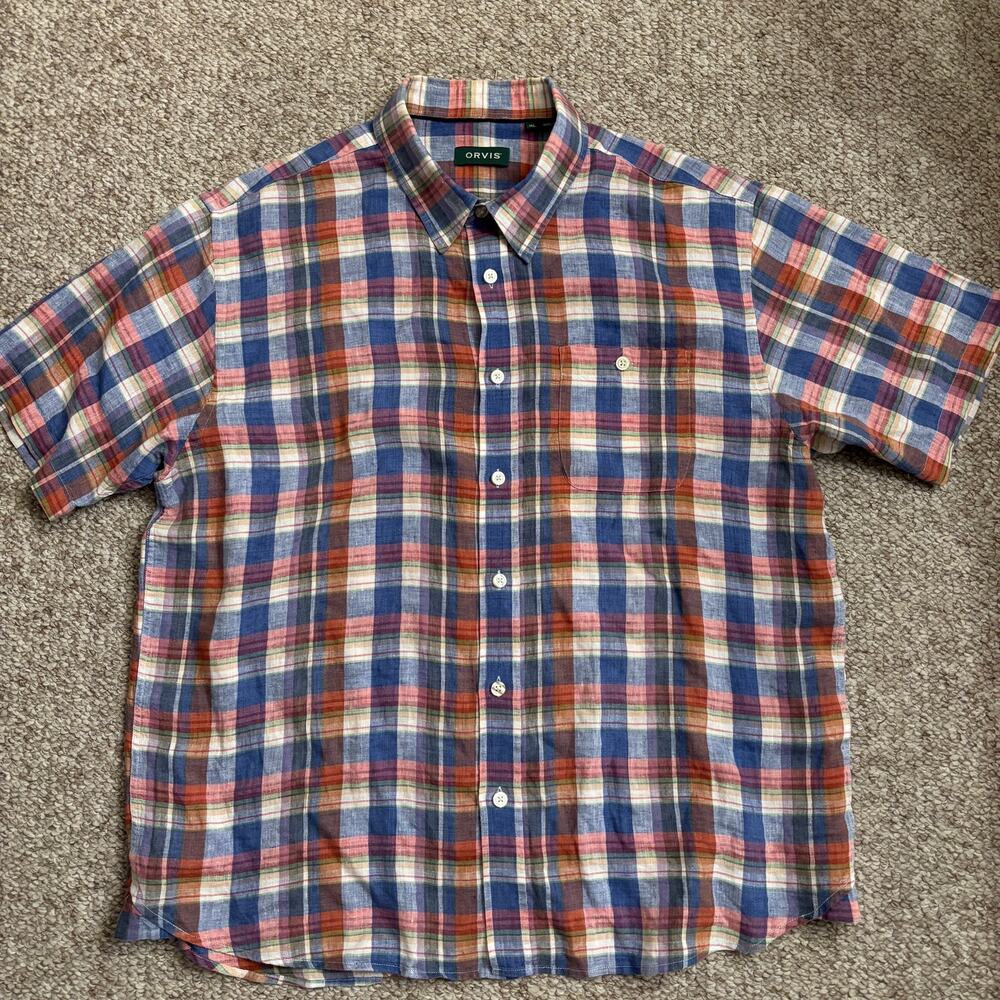 Orvis Men’s 100% linen multi-color plaid short sleeve button down shirt XL
